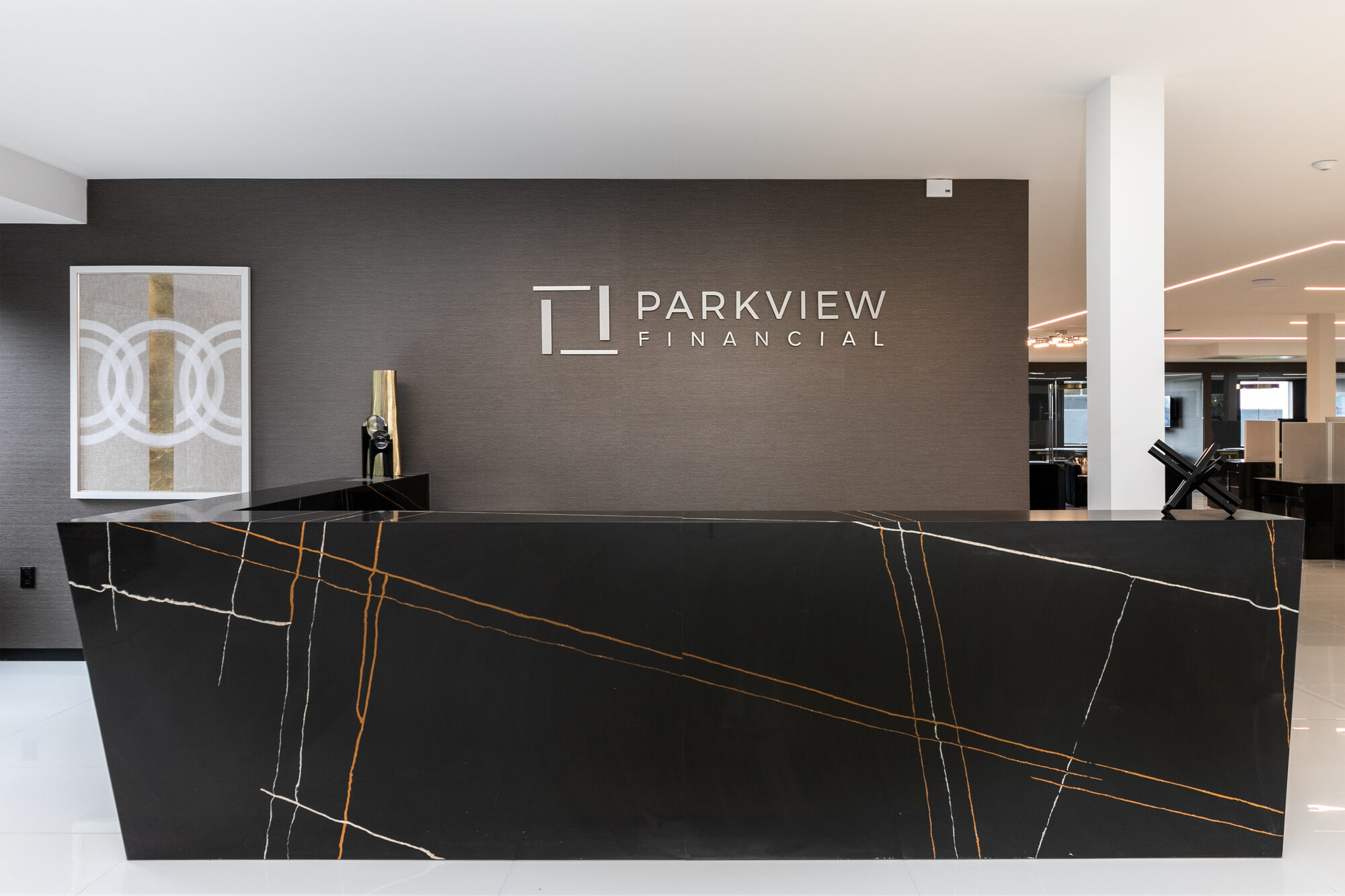 Parkview Financial reception desk by ATA Custom Cabinets, Los Angeles