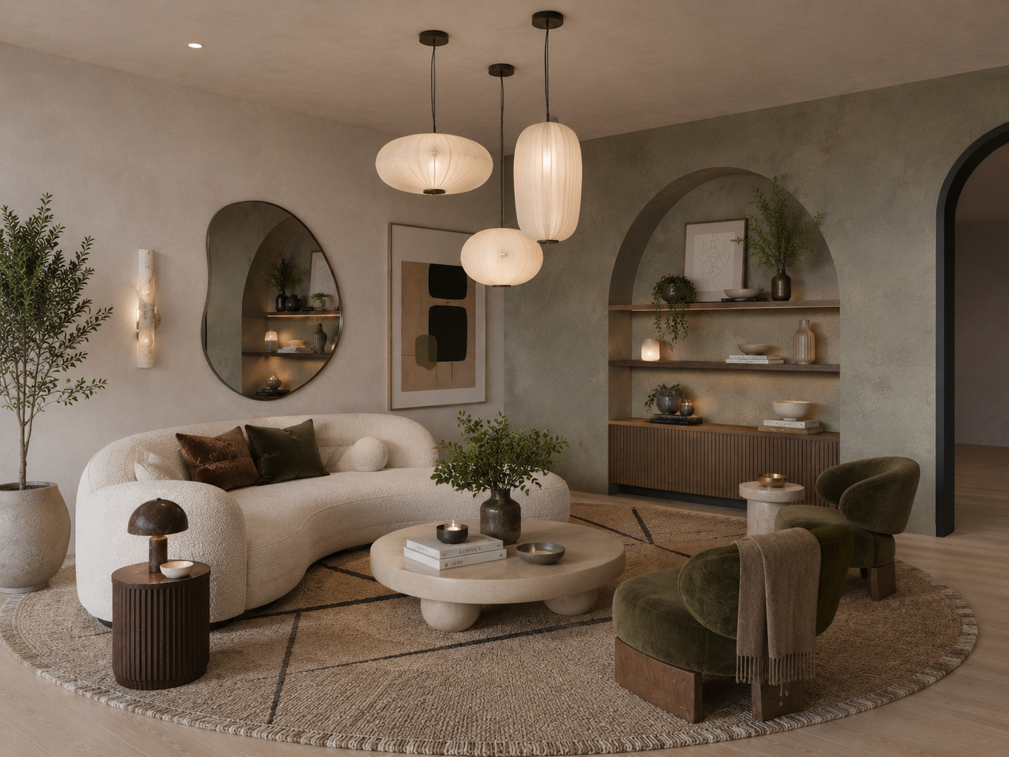 Designer living room featuring custom built-in shelving and fluted cabinetry by ATA Custom Cabinets